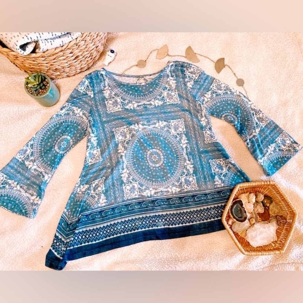 boho bell sleeve tunic dress blue